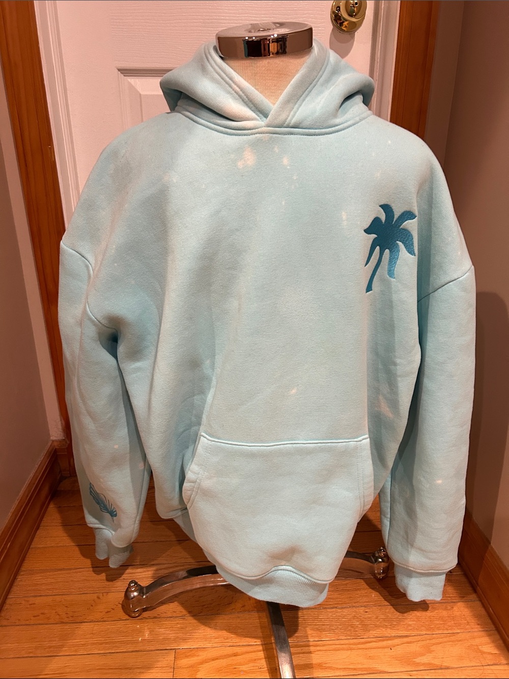 Pink Palm Puff Light Blue Pullover with Coral Logo